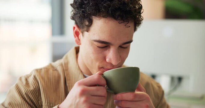 Coffee break, man and drink from cup in office, morning routine or boost energy for work day productivity. Caffeine fix, hot beverage or employee with latte in workplace, green tea or matcha to relax