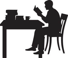 Silhouette of person reading book at desk with coffee cup