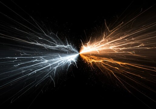 Intense kinetic energy as two powerful, abstract forces collide, creating a dynamic struggle and forceful impact. Visualizing conflict ,powerful ,battle ,conflict