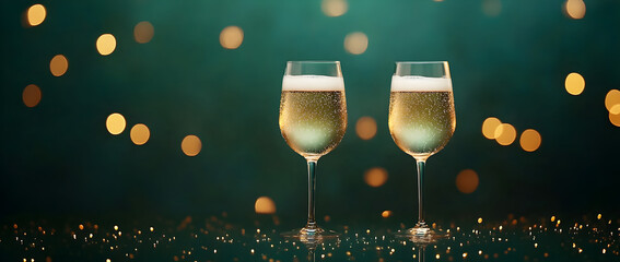 Two glasses of champagne on a dark green background with golden bokeh lights, leaving space for text