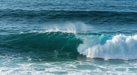 Fototapeta premium Majestic blue ocean waves roll towards the shore, creating white foam and spray, capturing the dynamic movement of water ,breaking ,horizon ,ebb