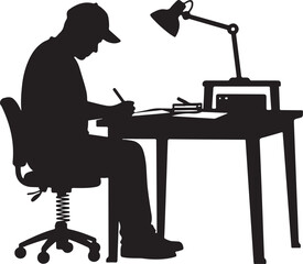 Silhouette of person sitting at desk writing with desk lamp