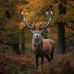 Majestic red deer stag stands proudly in a sun-drenched autumn forest, showcasing impressive antlers and wild beauty ,noble ,natural world ,animal kingdom