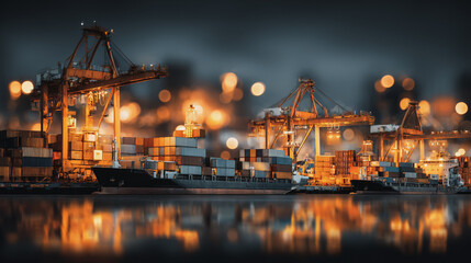 Smart Innovation connection cyber security Container truck in ship port for business Logistics transportation of Container Cargo ship Cargo plane with working crane bridge in shipyard at Twilight