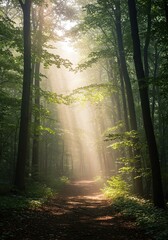 Obraz premium Radiant light piercing through a serene forest canopy, symbolizing divine presence and spiritual awakening. A path to inner peace and faith ,worship ,infinite ,divine