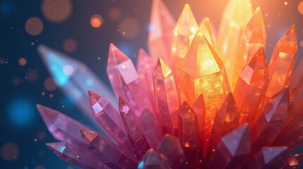 Close up of glowing pink and orange crystal cluster