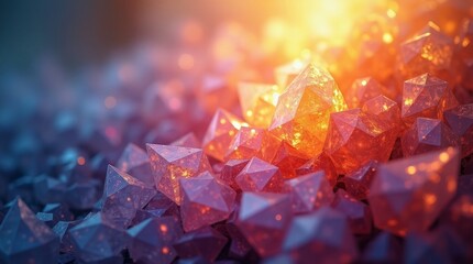 Close up of glowing red and orange crystals with blue background