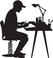 Silhouette of person wearing cap drawing at desk with lamp