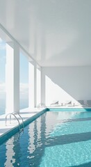 Obraz premium Serene, modern white swimming pool with pristine water and abundant natural light, showcasing minimalist architectural design for tranquility ,serene ,health ,pool