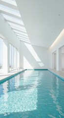 Obraz premium Serene, modern white swimming pool with pristine water and abundant natural light, showcasing minimalist architectural design for tranquility ,minimalist ,serene ,calm