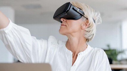 Elderly woman exploring virtual reality, modern technology meets senior lifestyle, embracing innovation during a cozy afternoon indoors - Powered by Adobe