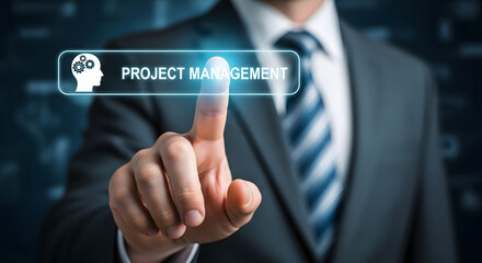 Businessman pressing project management button on virtual screen interface