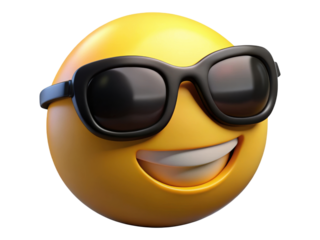 3D Render Cool Yellow Emoji Face Wearing Sunglasses with Broad Confident Smile Expression