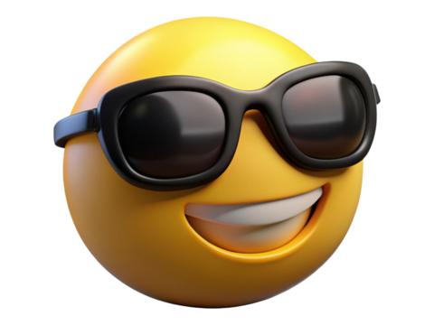 3D Render Cool Yellow Emoji Face Wearing Sunglasses with Broad Confident Smile Expression