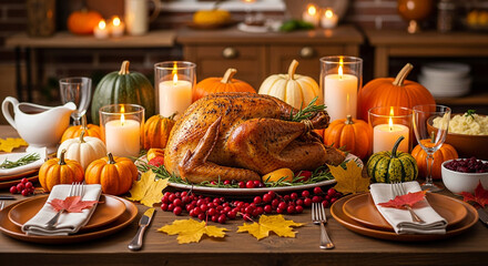A Thanksgiving dinner table with a roasted turkey in the center, surrounded by fall decorations