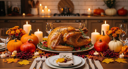 A Thanksgiving dinner table with a roasted turkey in the center, surrounded by fall decorations