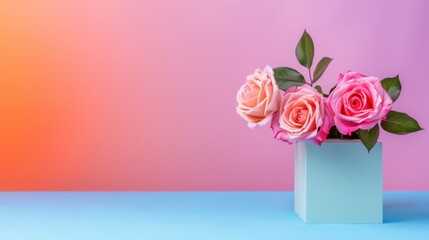 Fototapeta premium Beautiful Pink and Peach Roses in a Modern Vase with a Pastel Gradient Background for Floral Decor and Design