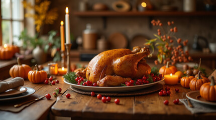 A Thanksgiving dinner table with a roasted turkey in the center, surrounded by fall decorations