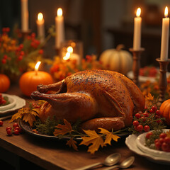 A Thanksgiving dinner table with a roasted turkey in the center, surrounded by fall decorations