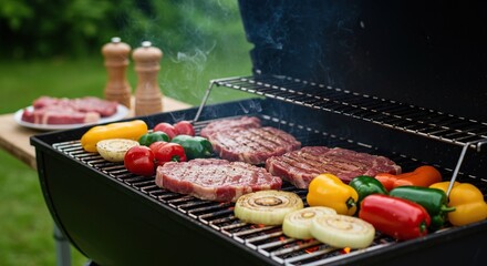 Vibrant outdoor grilling scene with sizzling meats and fresh vegetables on a hot barbeque, perfect for summer gatherings and festive meals ,grilling ,appetizing ,aroma