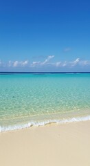 Obraz premium Vibrant tropical coastline scene with pristine sandy shores and clear turquoise ocean waters under a brilliant sunny sky, perfect for vacation themes ,tranquil ,blue water ,horizon