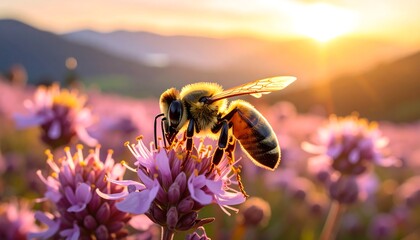 Honey bee collecting nectar from a vibrant purple flower at sunset.