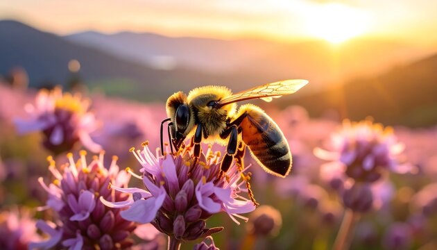 Honey bee collecting nectar from a vibrant purple flower at sunset. - Powered by Adobe