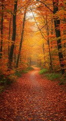 Obraz premium Winding path through a vibrant autumn forest, leaves covering the ground, symbolizing the gentle, cyclical flow of nature's seasons ,foliage ,leaves ,change