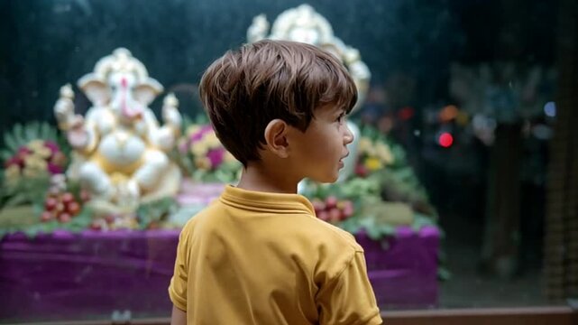 Young boy observes Ganesh statues, cultural exploration in festive setting, childlike wonder during Ganesh Chaturthi celebrations