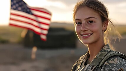 A Young Us Soldier smiles on Army Day United States Of America. The American Flag waves in the background showing Patriotism. This is a great video to honor our service members - Powered by Adobe
