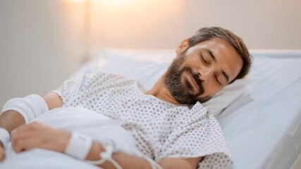 Middle-aged man resting peacefully in hospital bed, serene atmosphere in medical setting, recovery and healing theme with soft lighting