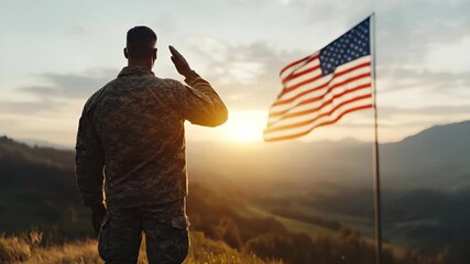 This memorable animated video shows a Us soldier in uniform giving a salute to the American flag. This takes place at dawn on Army Day in the United States of America