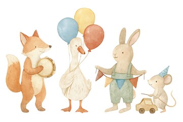 Cute watercolor animals celebrating a birthday party isolated on white background with balloons and decorations