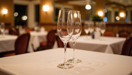 Elegant glassware set on table in fine dining restaurant  