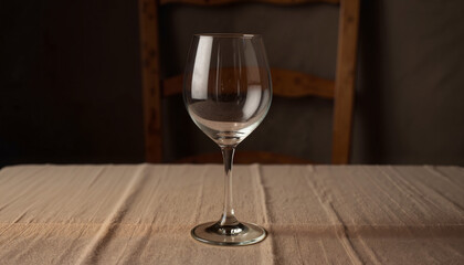 Empty wine glass on wooden table with rustic background  
