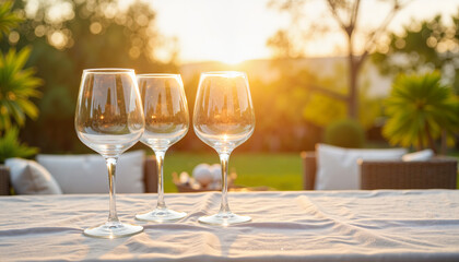 Three wine glasses placed on table at sunset in tranquil garden  