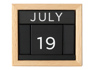 Wooden Frame Calendar Displaying July 19th with Black Blocks Isolated on Transparent Background