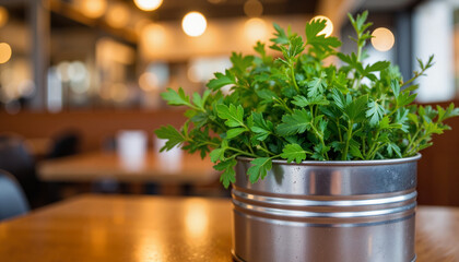 Fresh parsley plant in metal pot on wooden table in cafe  