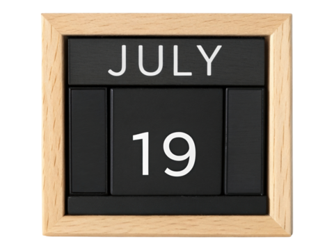 Wooden Frame Calendar Displaying July 19th with Black Blocks Isolated on Transparent Background