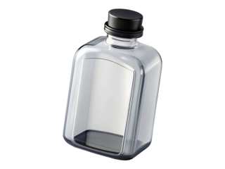 Clear glass bottle with black cap isolated on transparent background small square empty liquid container