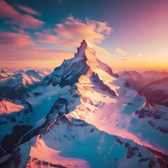 Snowy mountain peak at sunset