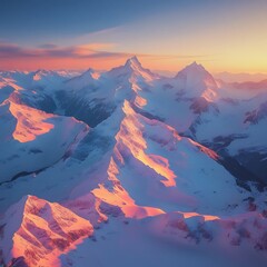 Snowy mountains at sunset view
