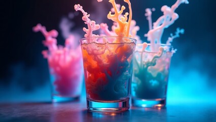 Colorful liquid splashes in glass cups with smoke effect