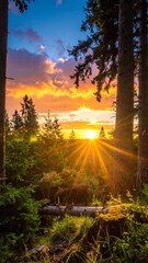 Golden sunset shining through trees in forest