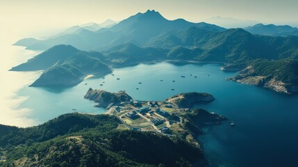 Aerial view of mountainous Korean coast with lake and boats