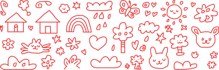 Playful Hand Drawn Doodle Pattern with Houses Animals and Nature Elements for Children and Creative Designs