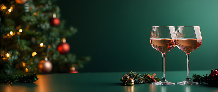 Two glasses of champagne on a dark green background with golden bokeh lights, leaving space for text