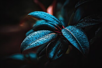 Fototapeta premium Glossy blue leaves covered in water droplets, dark and moody