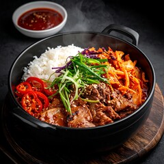 Korean Dish with Rice, Kimchi, Beef, and Sauce