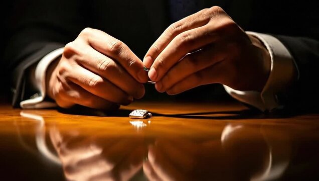 A close-up shot of hands in a suit fixing a cufflink on a wooden surface